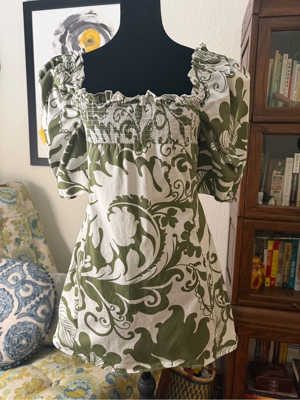 LA DoubleJ Olive Green and White Smocked Square-Neck Mini Dress